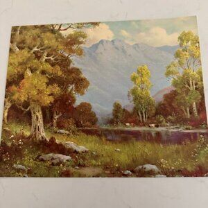 Vintage Calendar Art Print of Small Pond w/Trees, Mountains and Grazing Cows